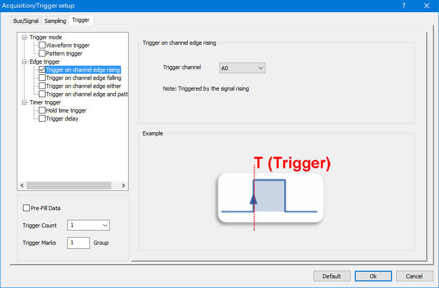 Trigger on channel edge rising dialog box