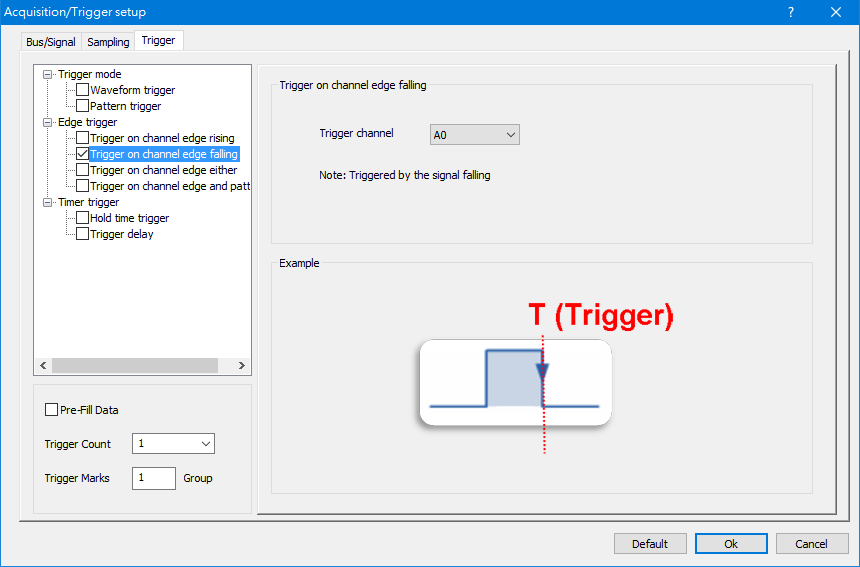 Trigger on channel edge falling dialog box