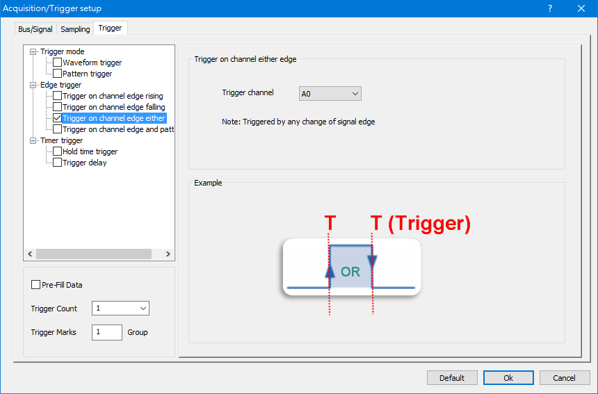 Trigger on channel edge either dialog box