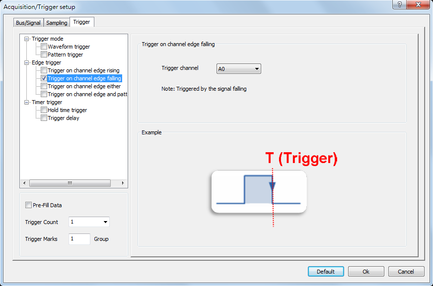 Trigger on channel edge falling dialog box