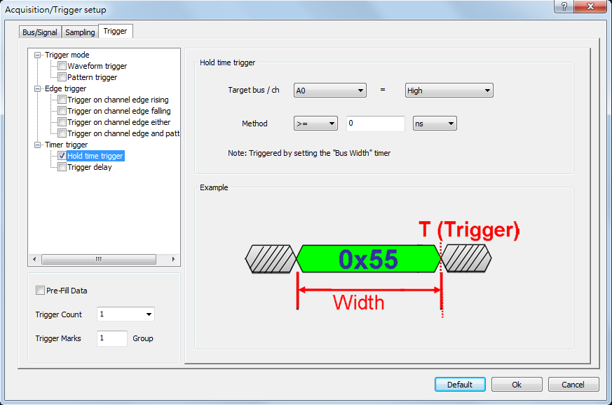 Hold time trigger dialog box