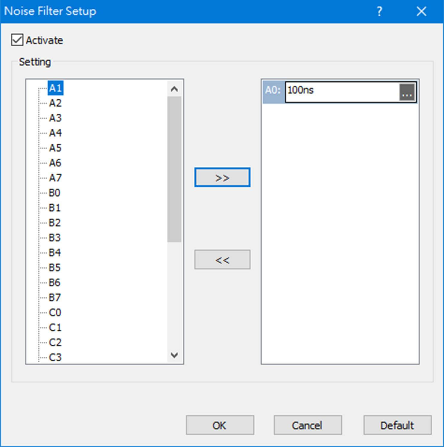 Noise filter setting window