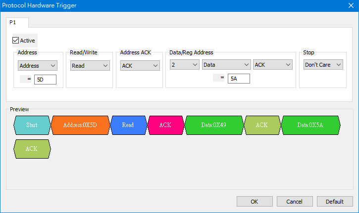 Protocol Trigger dialog box for I2C