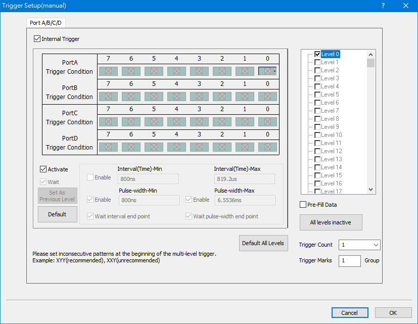 Trigger Setup(manual) dialog box