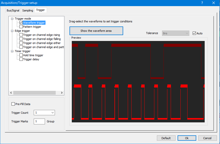 Waveform trigger preview dialog box