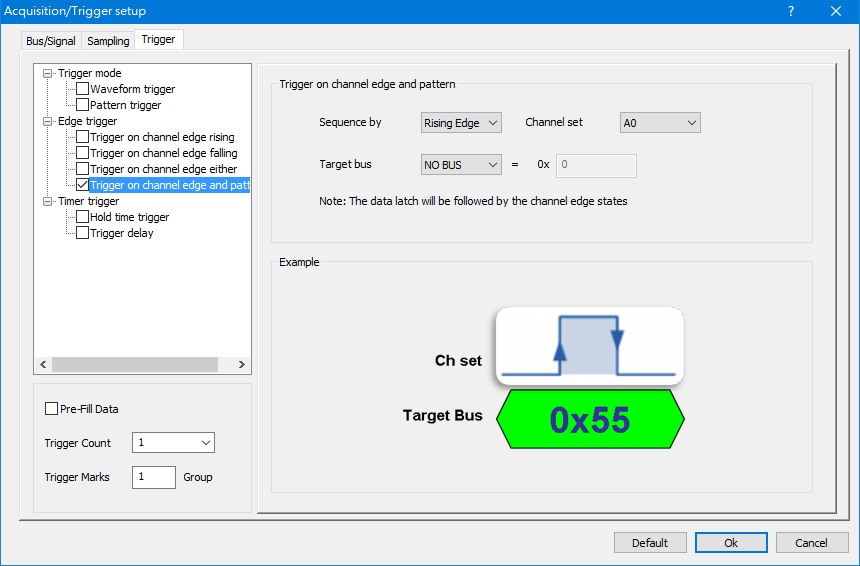 Trigger on channel edge and pattern dialog box