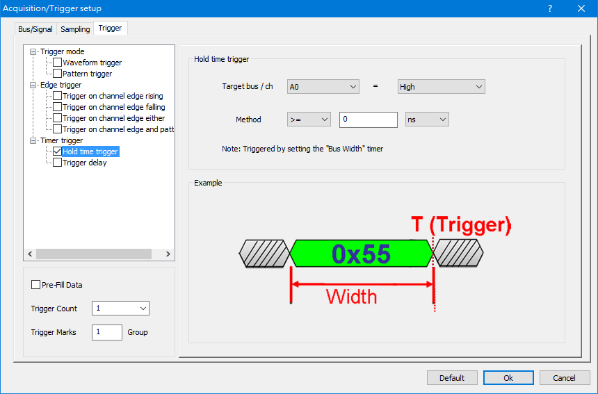 Hold time trigger dialog box