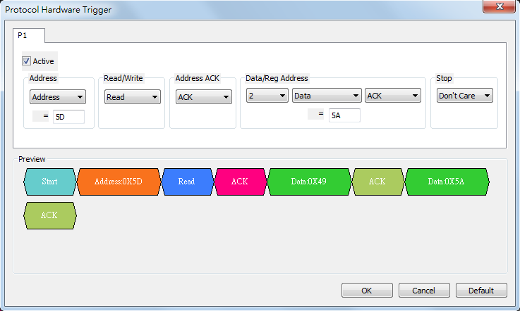 Protocol Trigger dialog box for I2C