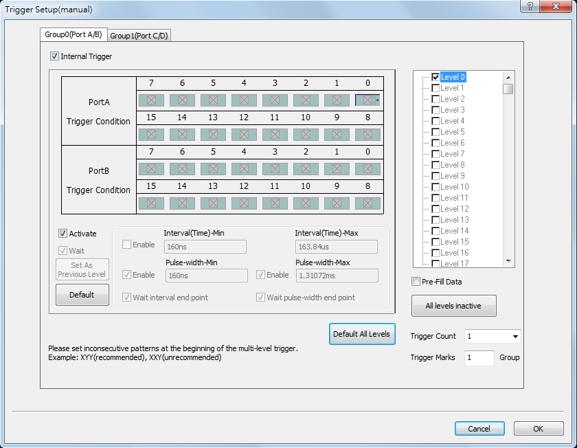 Trigger Setup(manual) dialog box