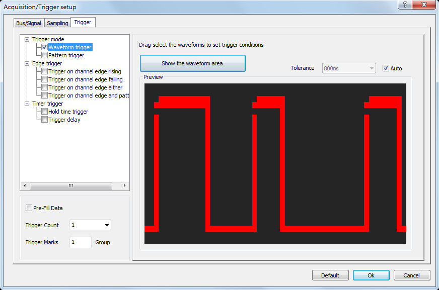 Waveform trigger preview dialog box