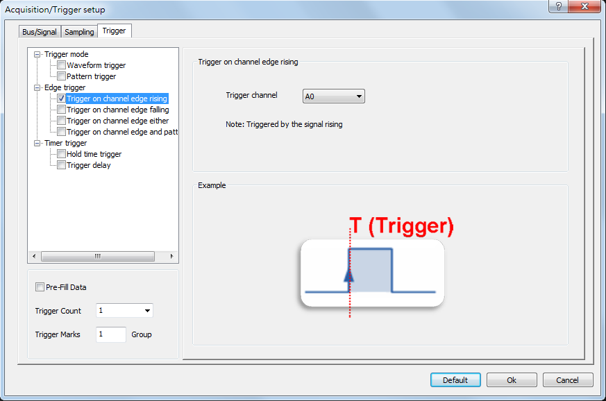 Trigger on channel edge rising dialog box