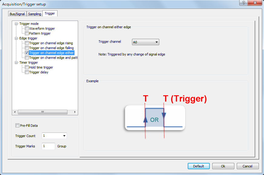 Trigger on channel edge either dialog box