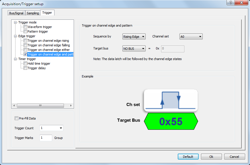 Trigger on channel edge and pattern dialog box
