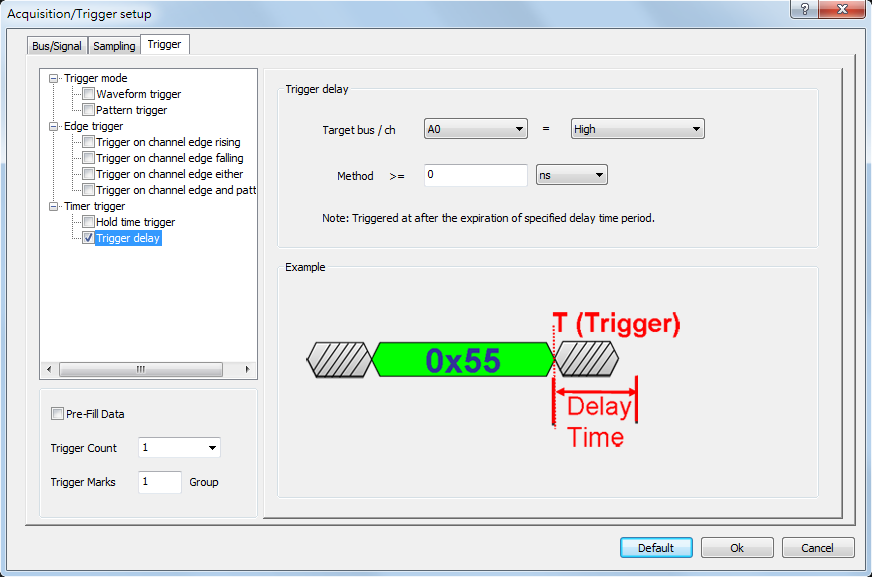 Trigger delay dialog box