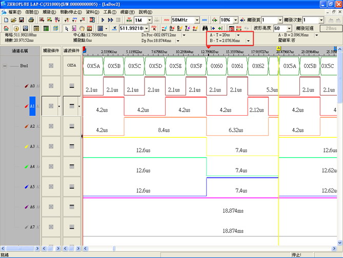 A - T = 20us , B - T = 2.076ms